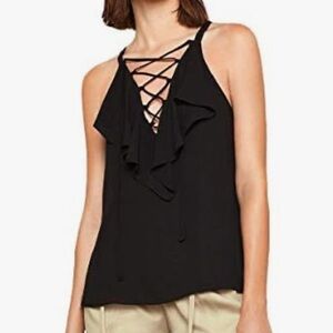 BCBG MaxAzria black lace-up ruffle tank top size S